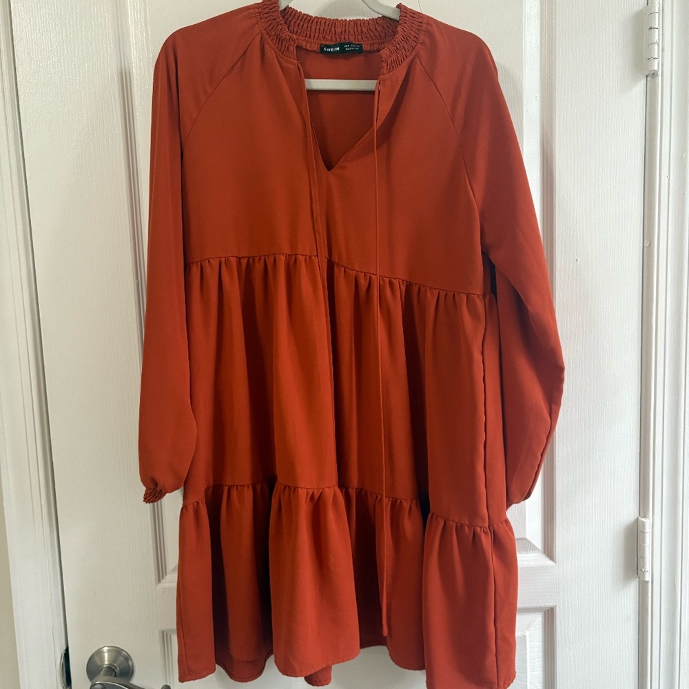 Copper-Orange Mock Neck Long Sleeve Dress